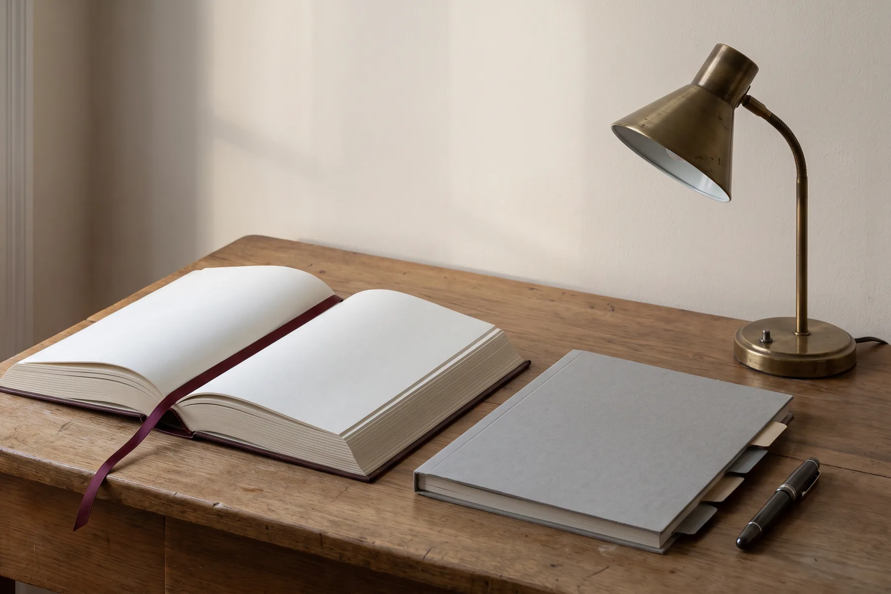 A reading desk with an open bound volume, a grey dossier, a pen, and a brass lamp in morning light