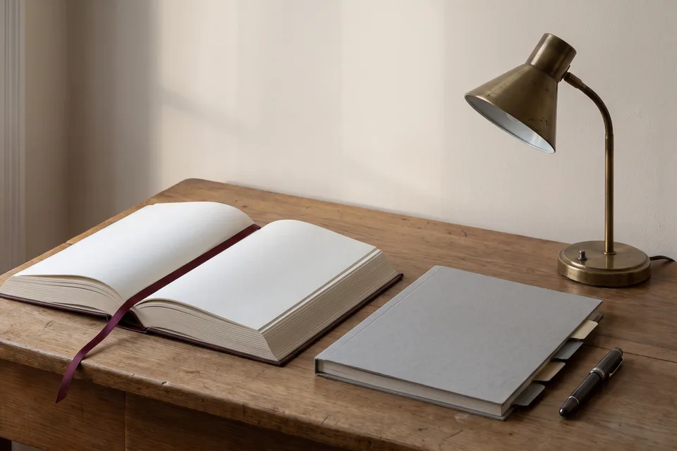 A reading desk with an open bound volume, a grey dossier, a pen, and a brass lamp in morning light