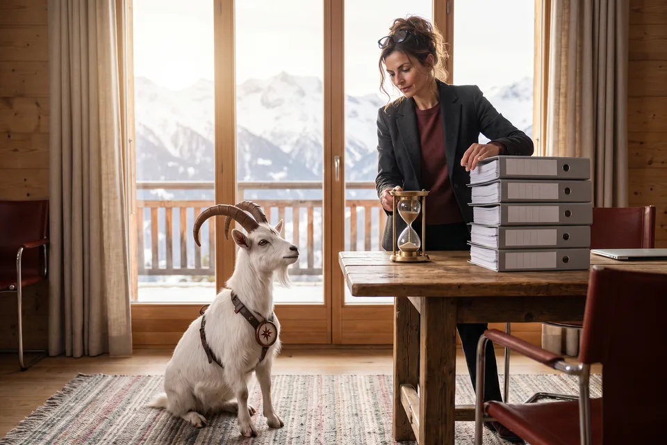 Vera holding an hourglass beside a stack of submission binders while VI watches