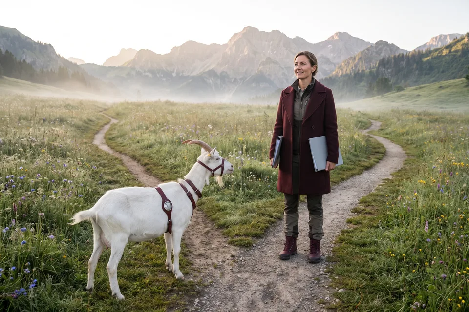 Vera holding two folders where two mountain trails join, with VI on the path