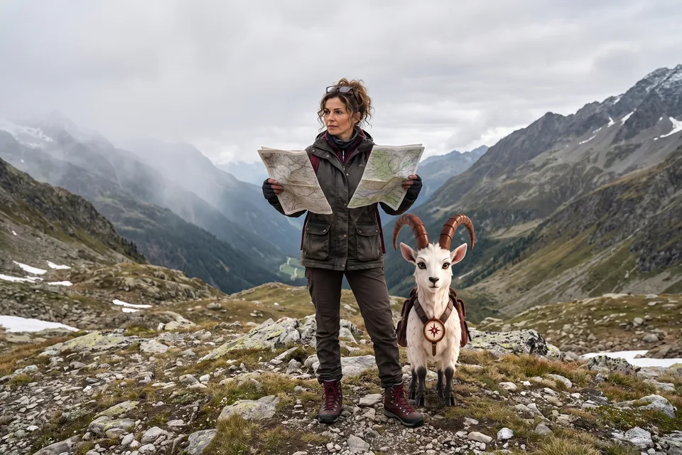 Vera comparing two maps on a mountain pass, VI at her side