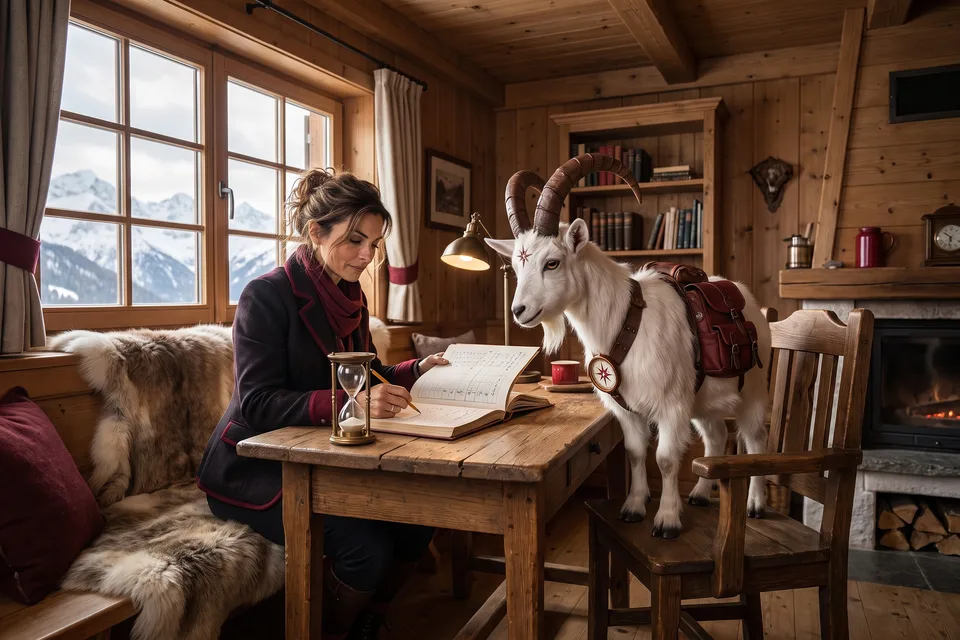 Vera planning in a ledger beside an hourglass while VI reads along