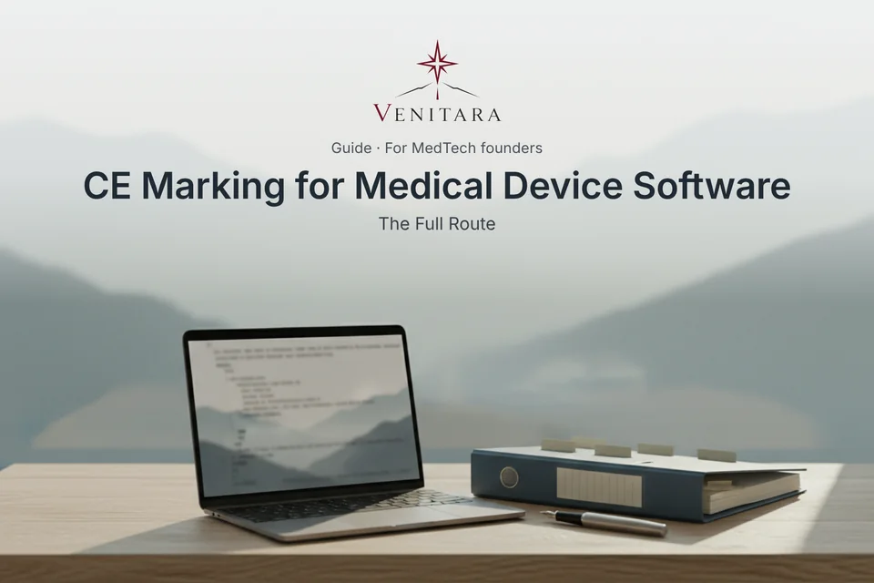 A laptop showing code beside a technical-file binder and a fountain pen in morning light, under the guide title