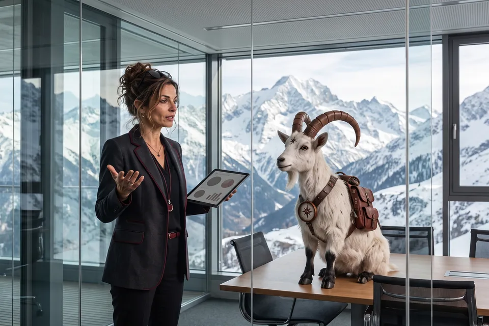 Vera explaining a chart on a tablet to VI in an office above the Alps