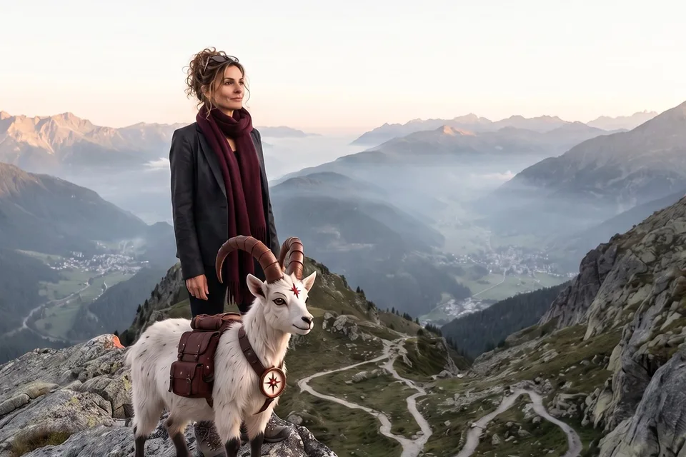 Vera and VI on a mountain ridge above a winding trail