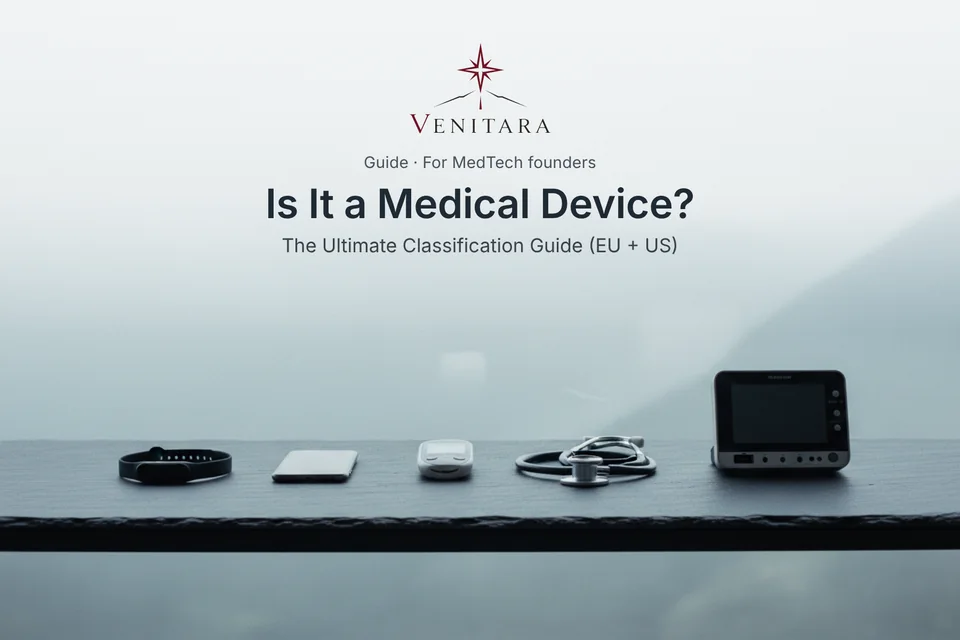 A fitness band, a smartphone, a glucose meter, a stethoscope, and a clinical monitor laid out in a graded row, under the guide title