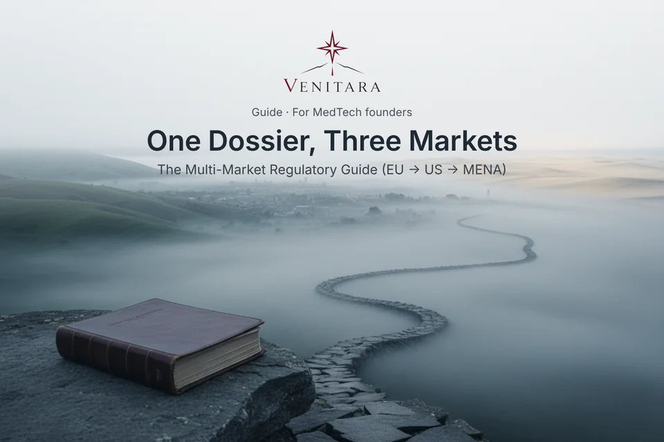 A bound dossier on a rock above a misty valley where a stone path leads toward hills, a city, and desert, under the guide title