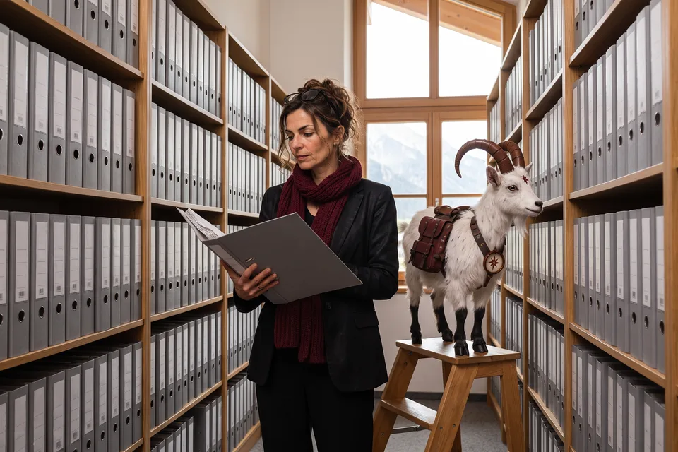 Vera checking a binder in an archive while VI stands on a step stool