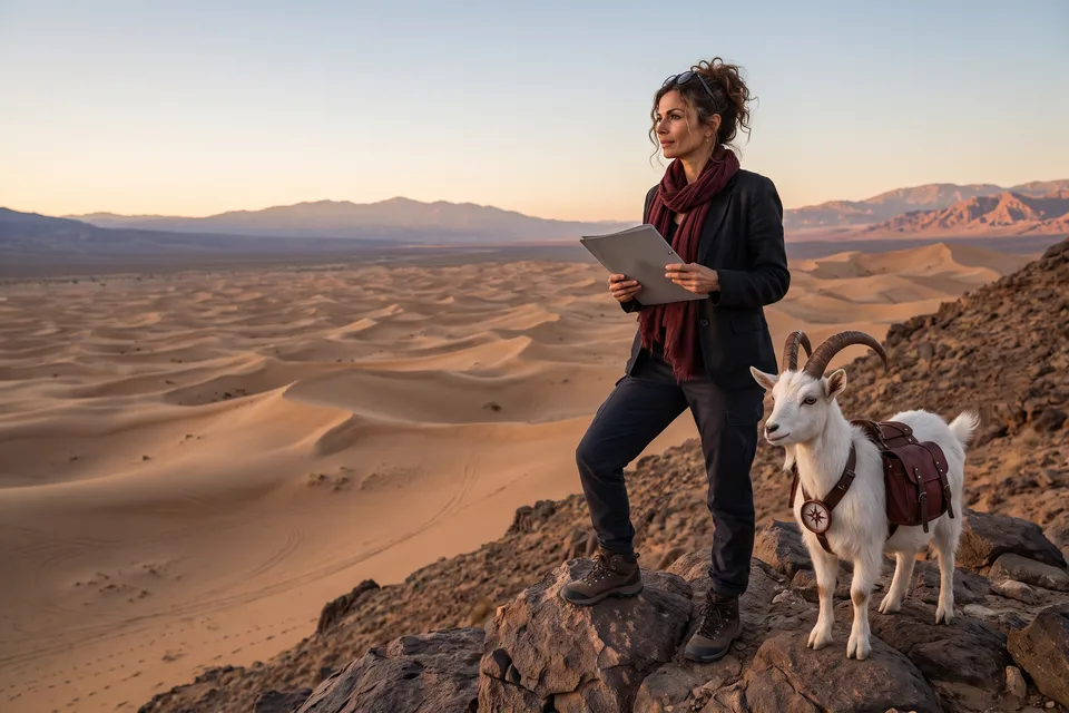 Vera and VI on a ridge above desert dunes at dawn