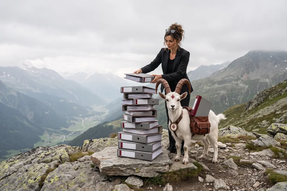Vera building a stack of binders on a mountain ridge, VI beside it