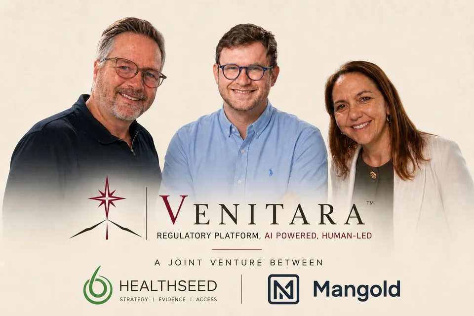 Daren Wilson, Niko Mangold, and Safia Agueni behind the Venitara logo, a joint venture between HealthSeed AG and Mangold Consultants
