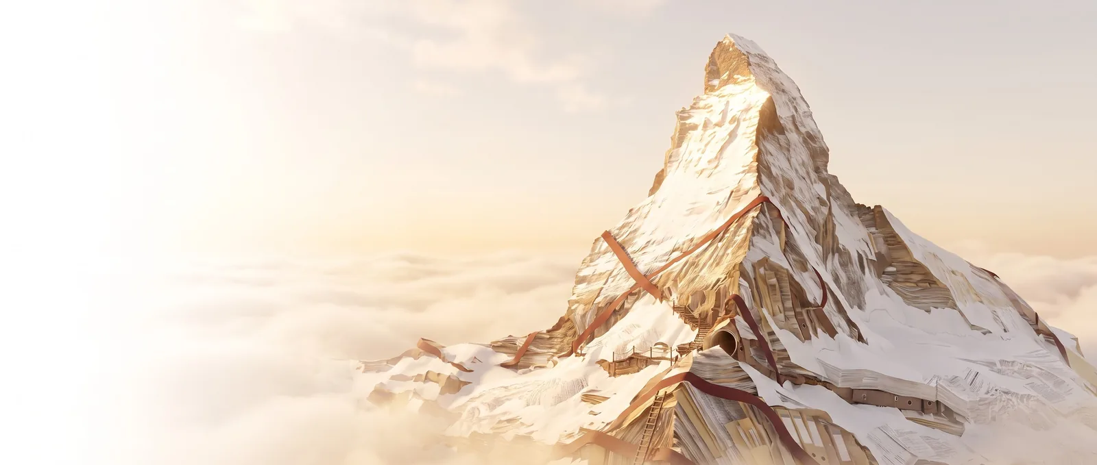 A mountain made of regulatory paperwork, wrapped in red tape, with paths, bridges, and a ladder to the summit.