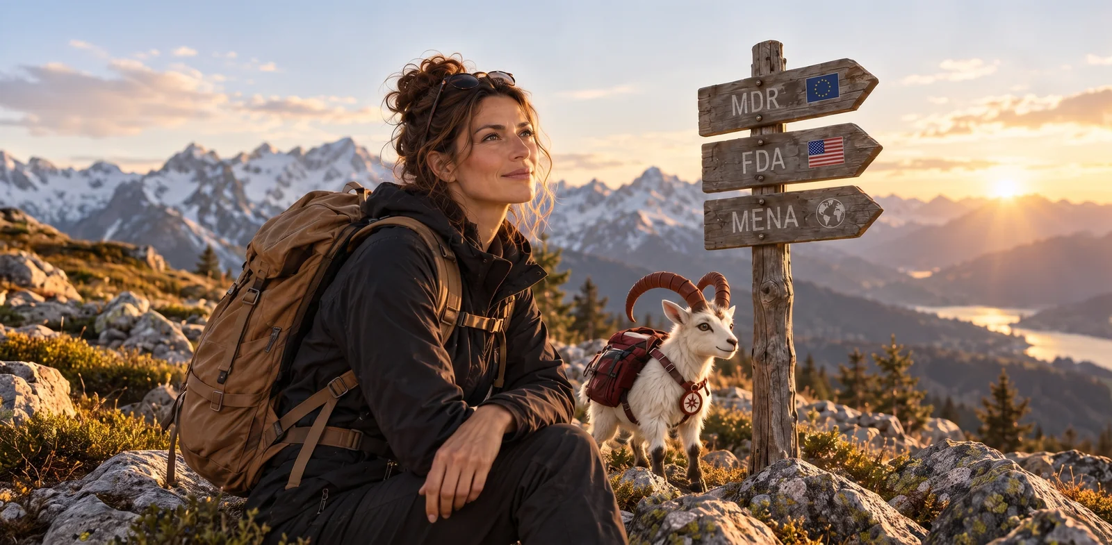 VI, the Venitara ibex, beside a signpost to MDR, FDA, and MENA in the Alps, with a traveller looking on.