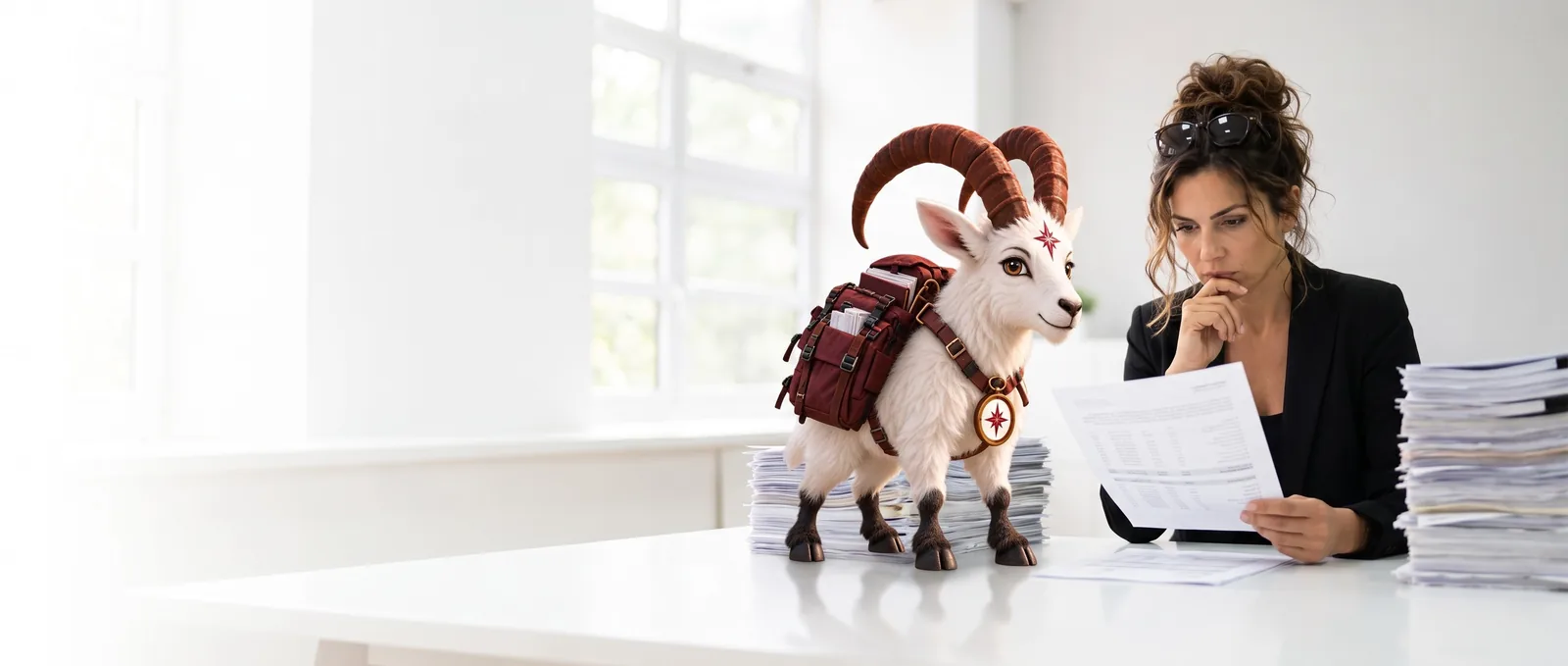 Vera, an illustration of Venitara's senior regulatory experts, reads a document at a desk while VI, the Venitara ibex, stands beside her