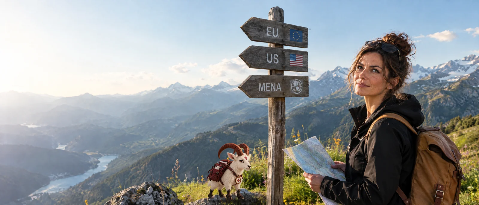 VI, the Venitara ibex, and Vera studying a map beside a signpost to the EU, the US, and MENA.