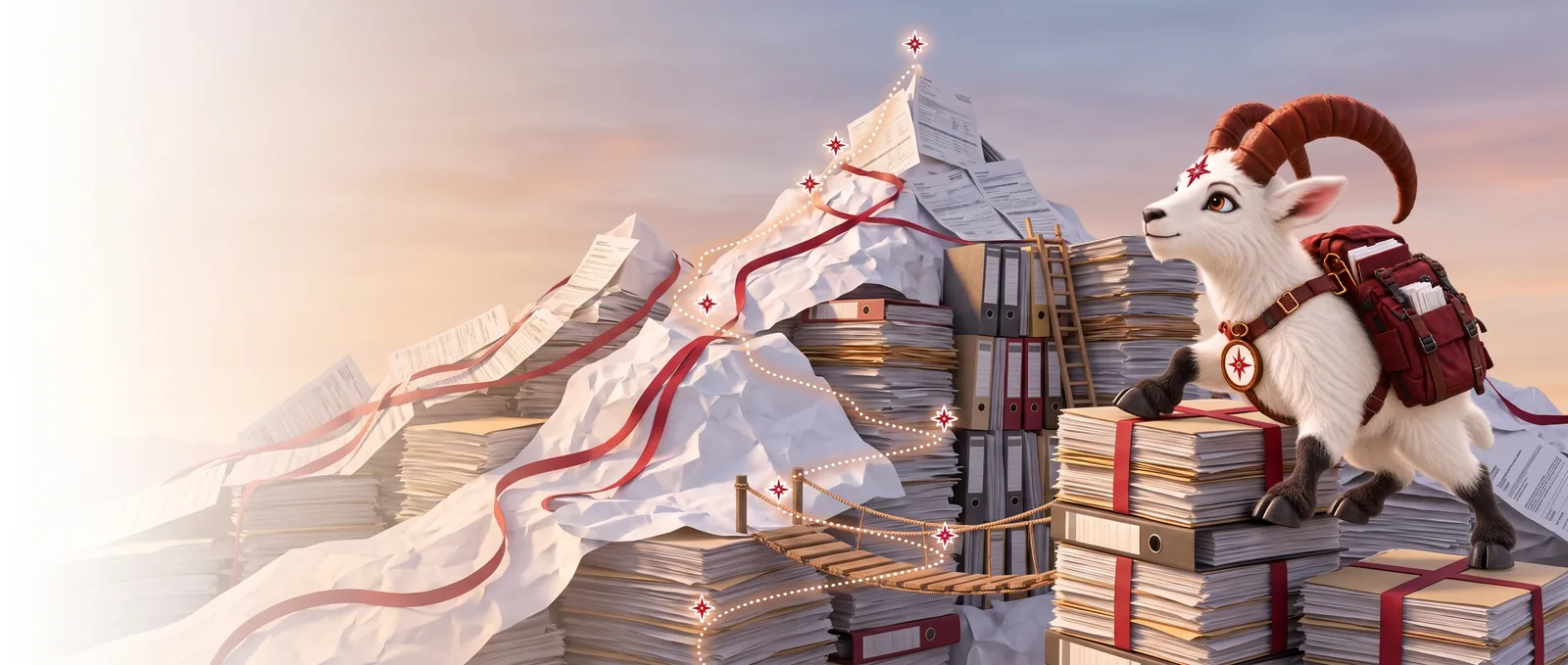 VI, the Venitara ibex, climbing onto a stack of files tied with red tape, below a mountain range made of paperwork with a marked route across rope bridges to the summit.